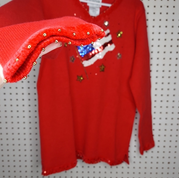 The Quacker Factory Sweater Small Red Patriotic USA Sequin Flag V-Neck Stars - Picture 6 of 11